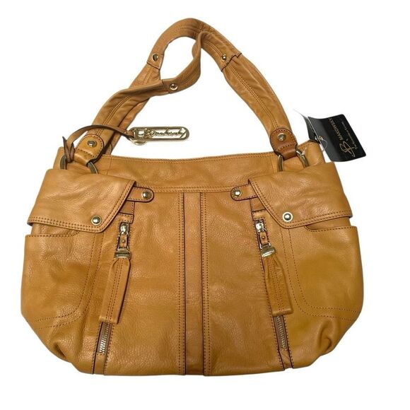 B. Makowsky Tan East West Sadie Pocket Shopper Caramel Leather Shoulder Bag NWT - Picture 3 of 13
